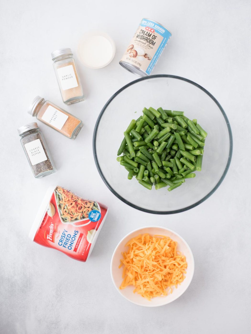 Ingredients needed to make air fryer green bean casserole.
