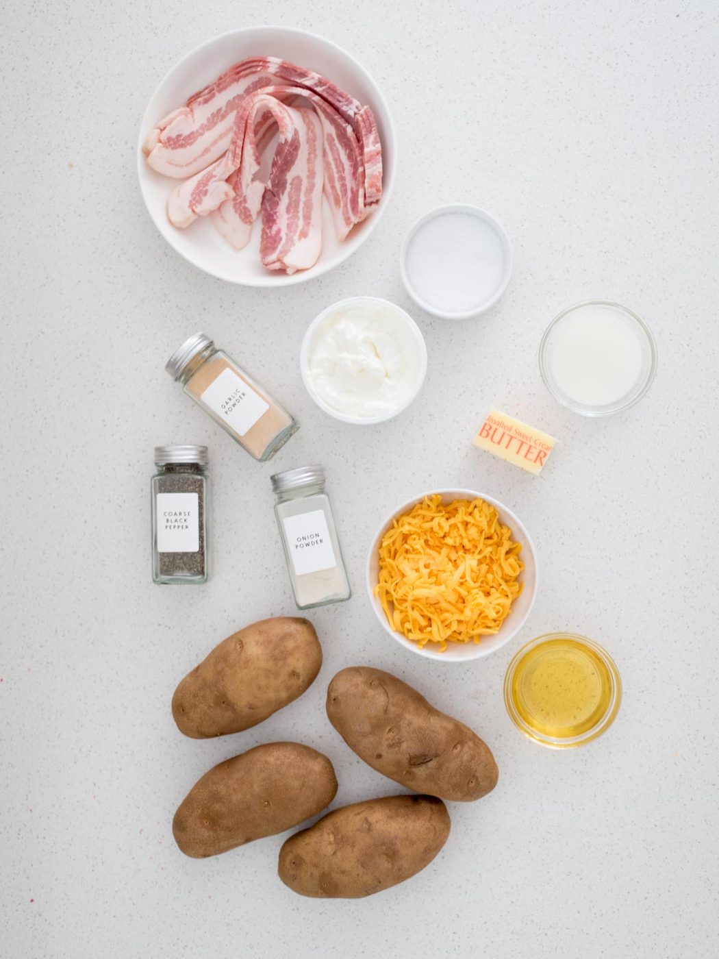Ingredients needed to make twice baked potatoes.