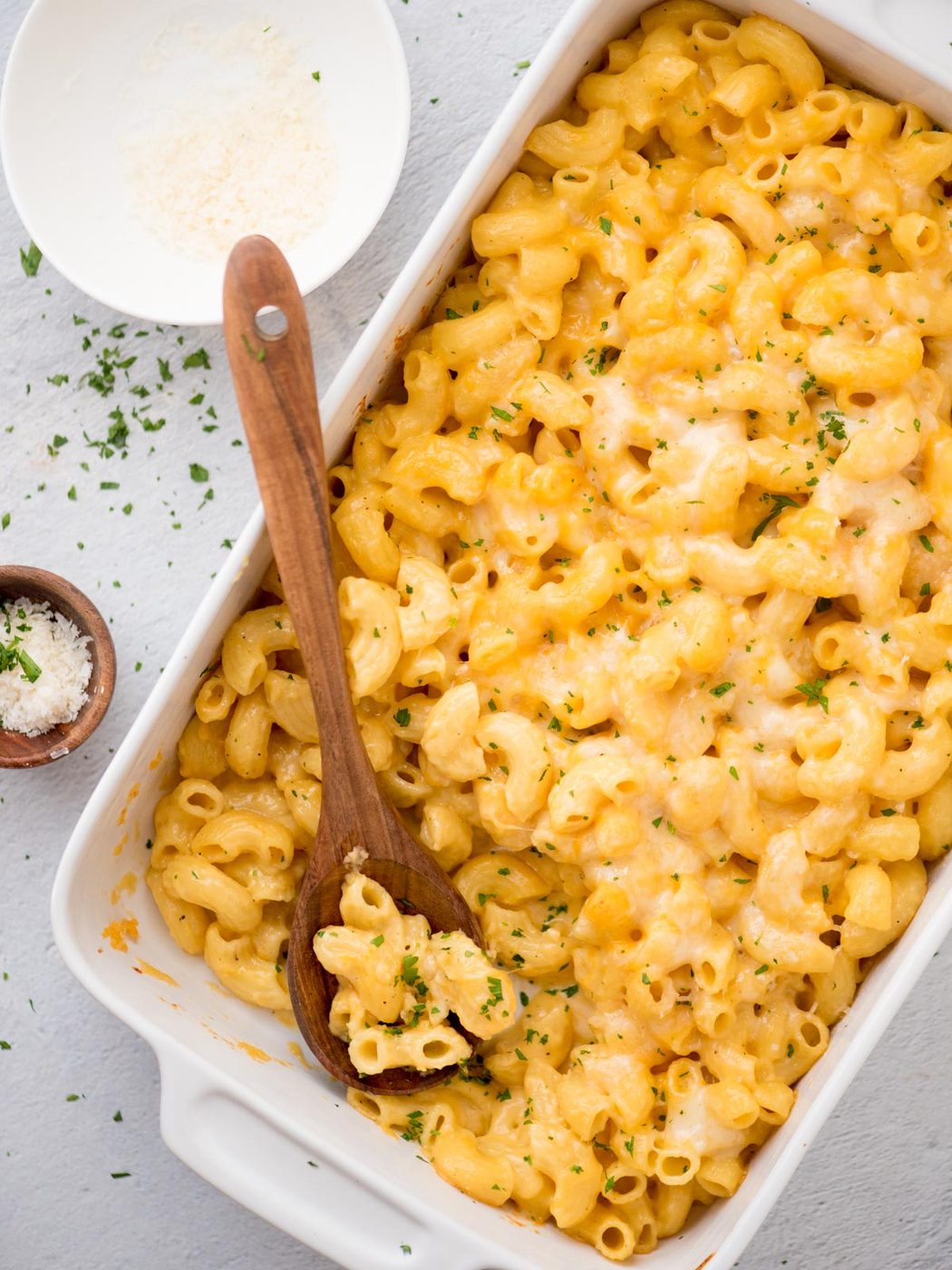 Top view of a baking dish of baked mac and cheese.