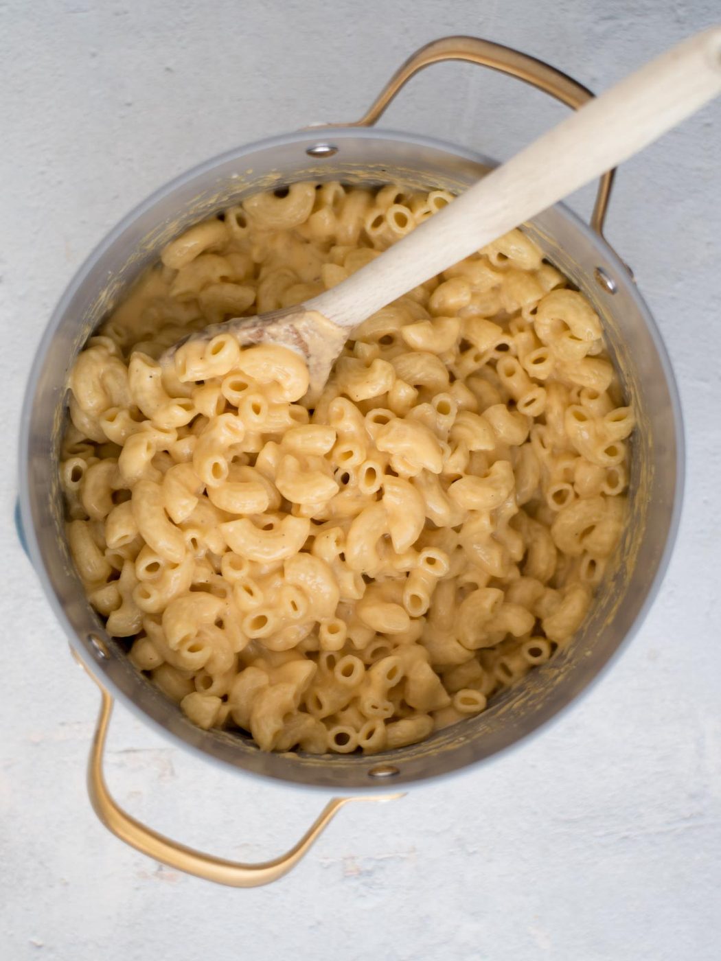 Mac and cheese in a saucepan.