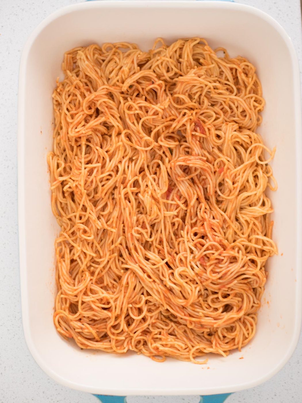 spaghetti noodle mixture in a casserole dish