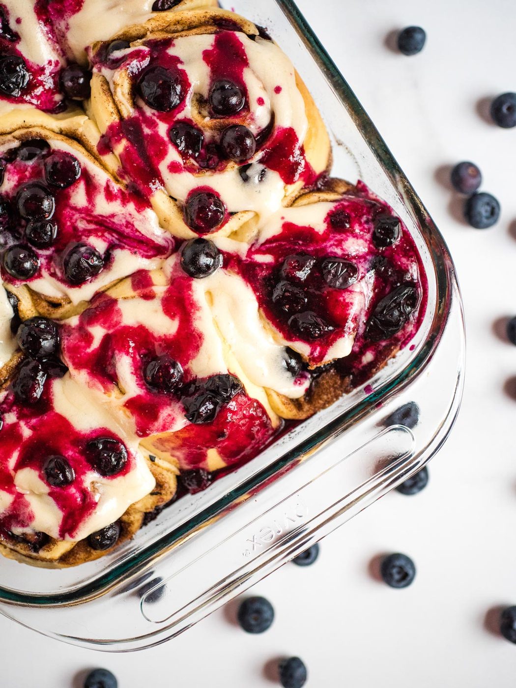 overhead shot of blueberry cinnamon rolls