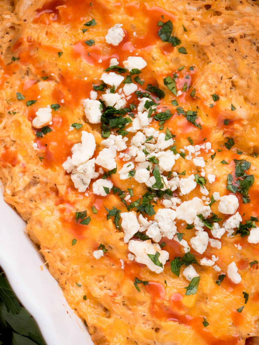 Baking dish of buffalo chicken dip.