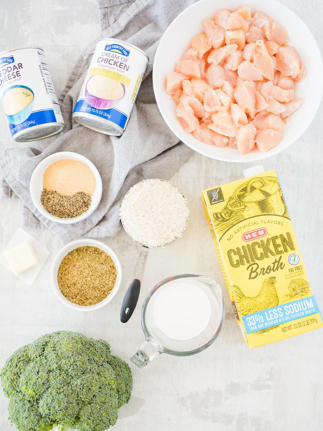 ingredients for cheesy chicken broccoli rice casserole