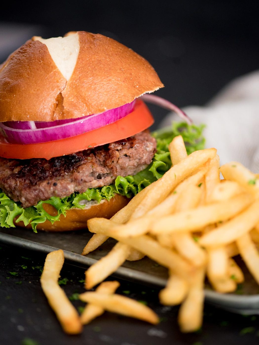 cheesy ranch burgers with lettuce tomatoes and fries