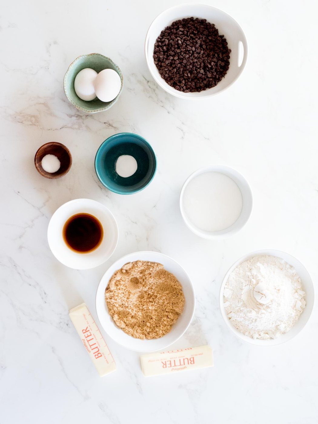 ingredients to make soft chocolate chip cookies