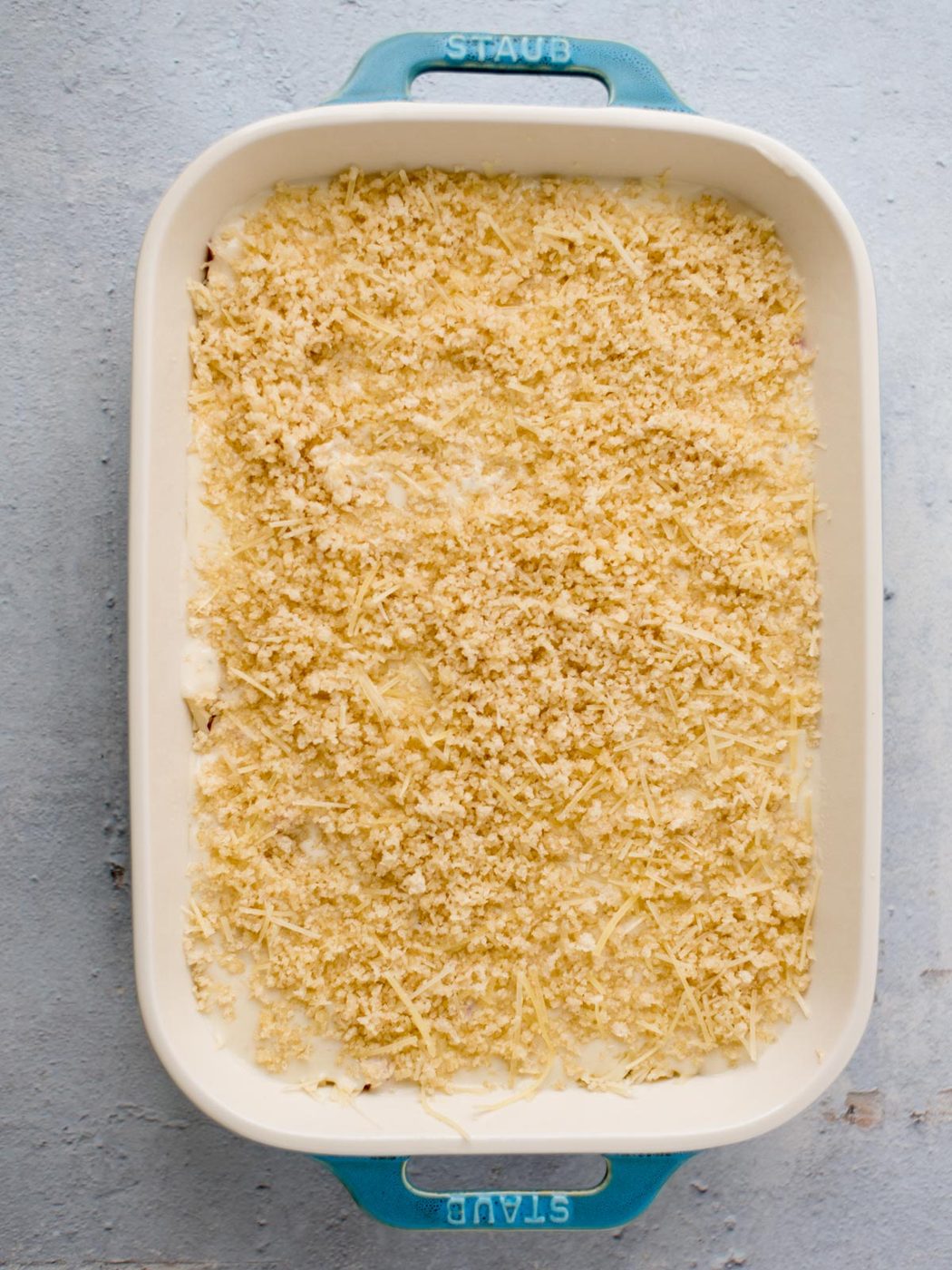 unbaked, but assembled chicken cordon bleu casserole in a baking dish