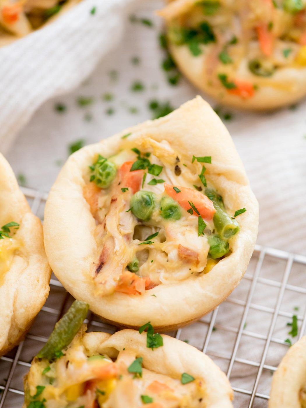 chicken pot pie bite on a cooling rack