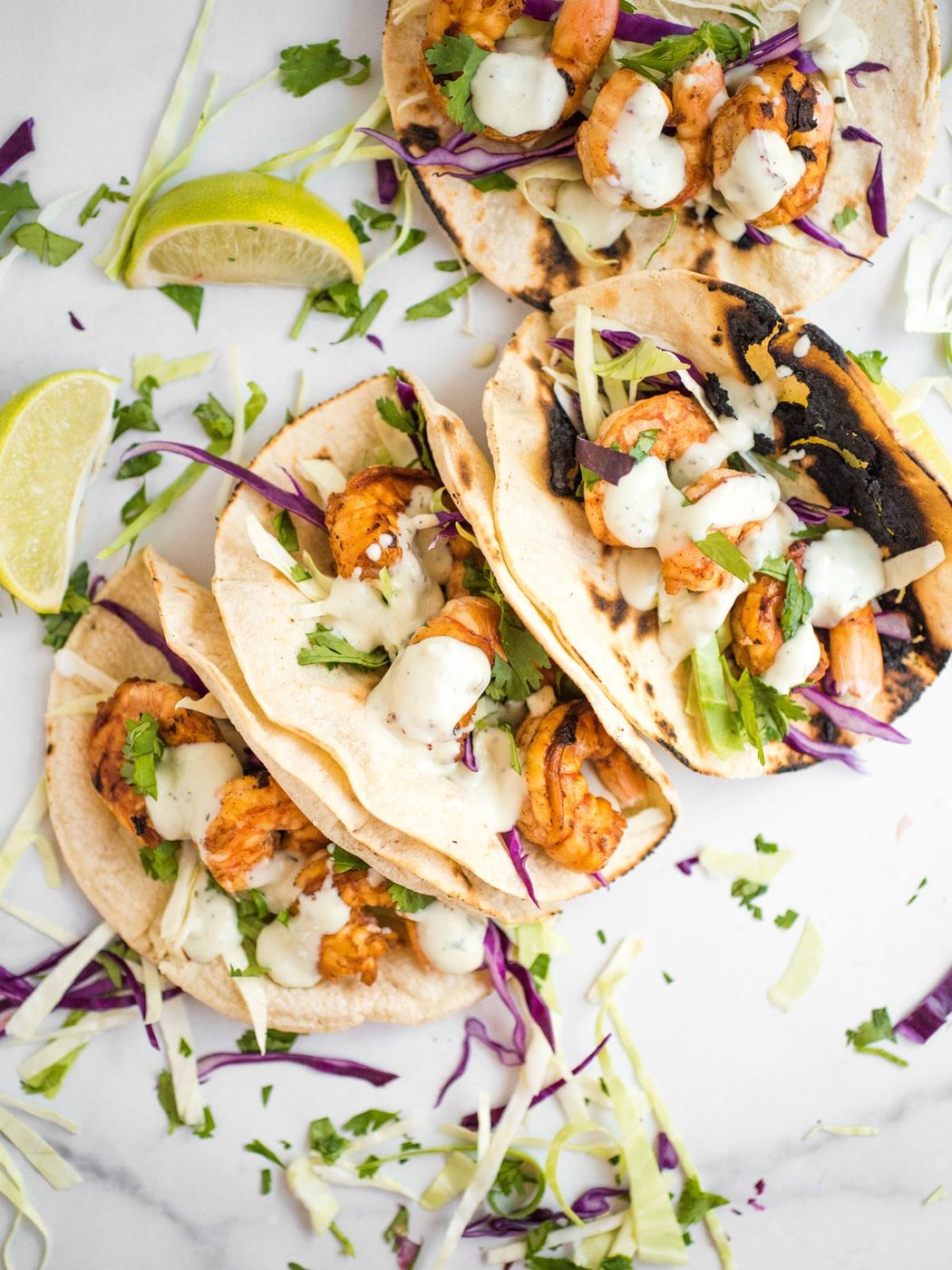 overhead shot of chili lime shrimp tacos