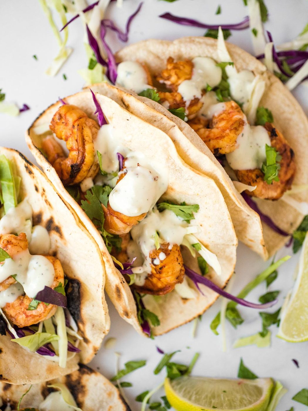 overhead shot of chili lime shrimp tacos