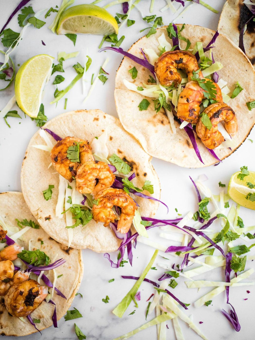 overhead shot of chili lime shrimp tacos