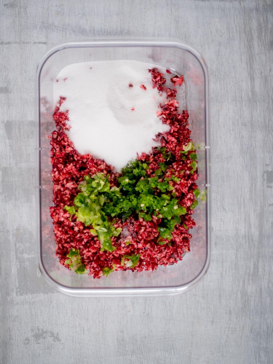 Diced cranberries and jalapenos
