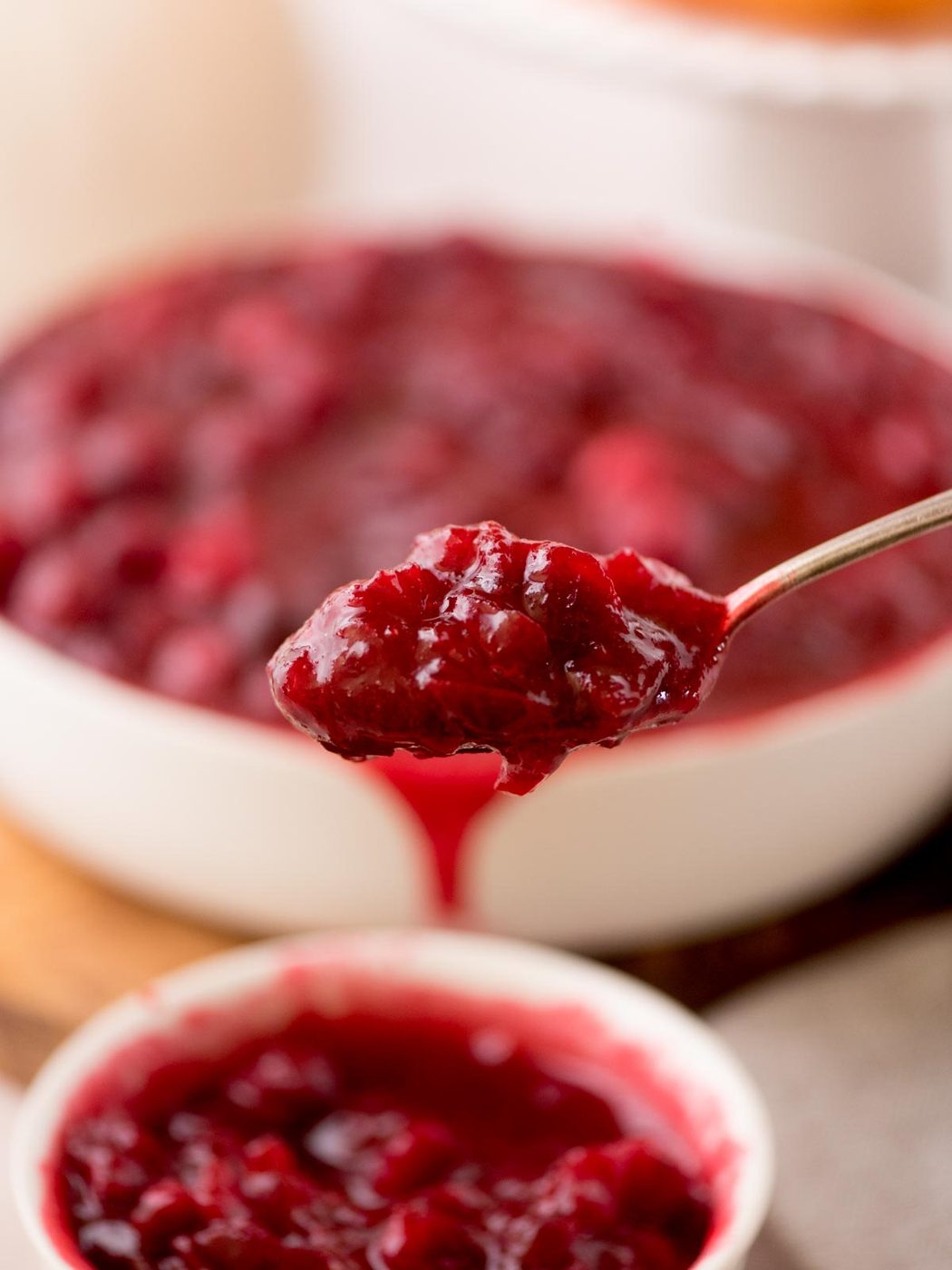 A spoonful of cranberry sauce is held above a bowl filled with the same sauce. The cranberry sauce is a rich, deep red color, highlighting its chunky texture. Another smaller bowl of cranberry sauce is partially visible in the foreground.