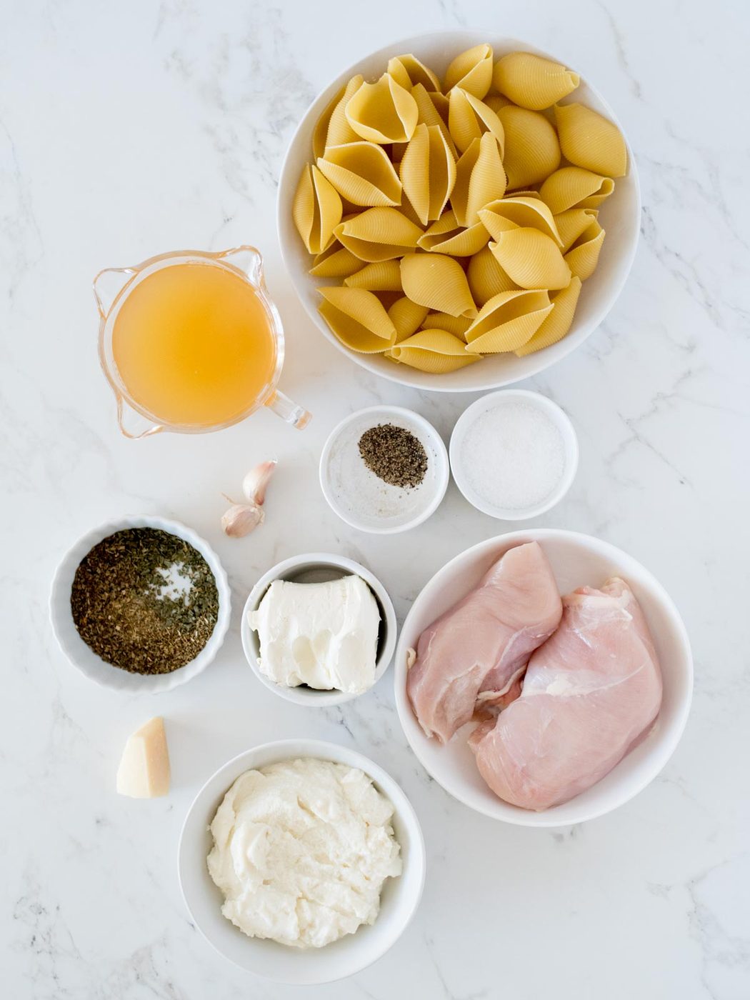 ingredients for creamy chicken and ricotta stuffed shells
