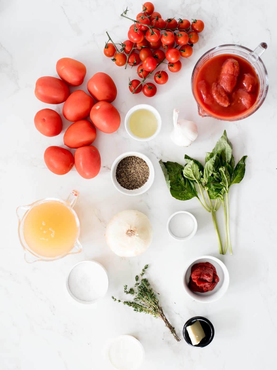 ingredients for creamy roasted tomato basil soup recipe