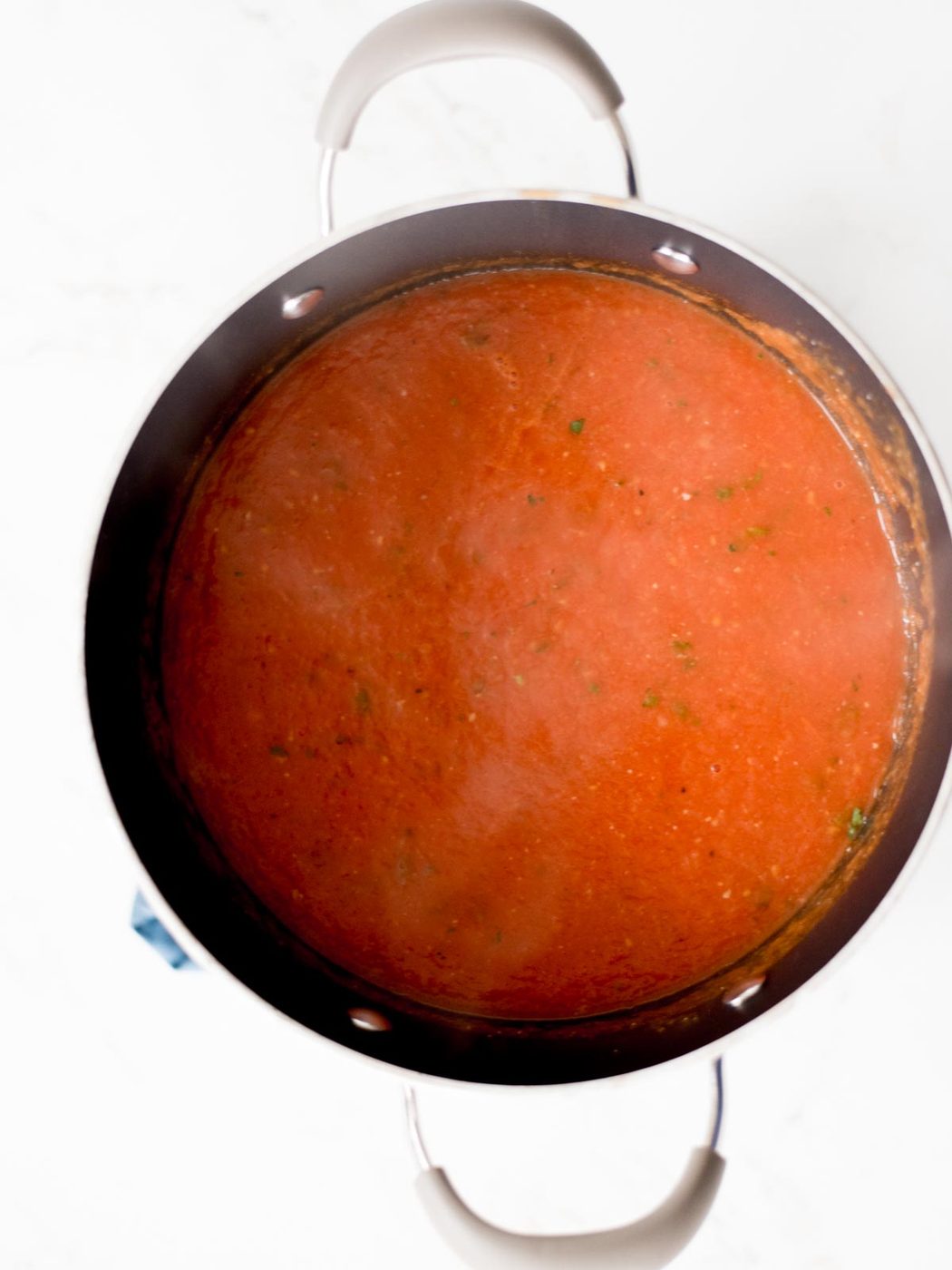 creamy roasted tomato basil soup after using the immersion blender still in the stock pot