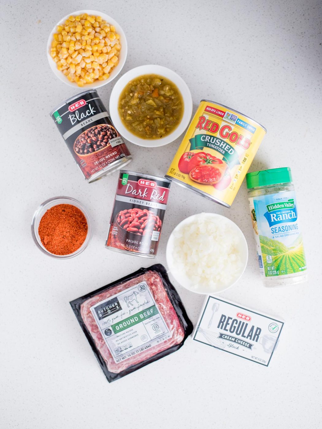 Ingredients that are needed to make creamy taco soup.