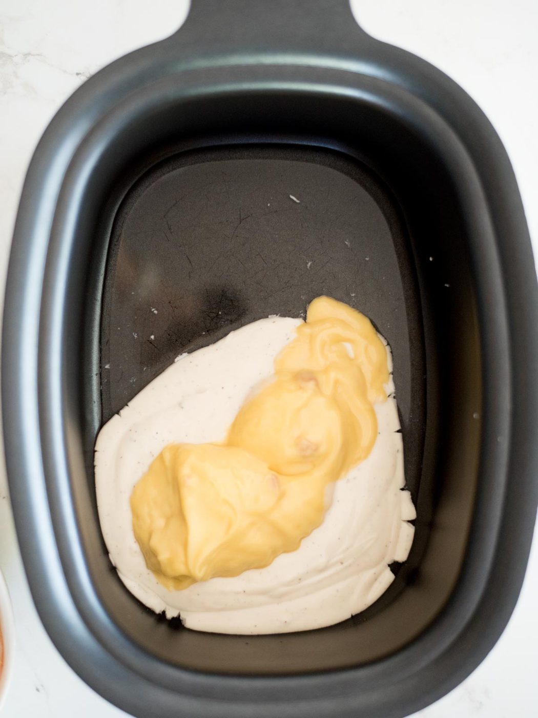 ranch, water, and cream of chicken soup in the crockpot