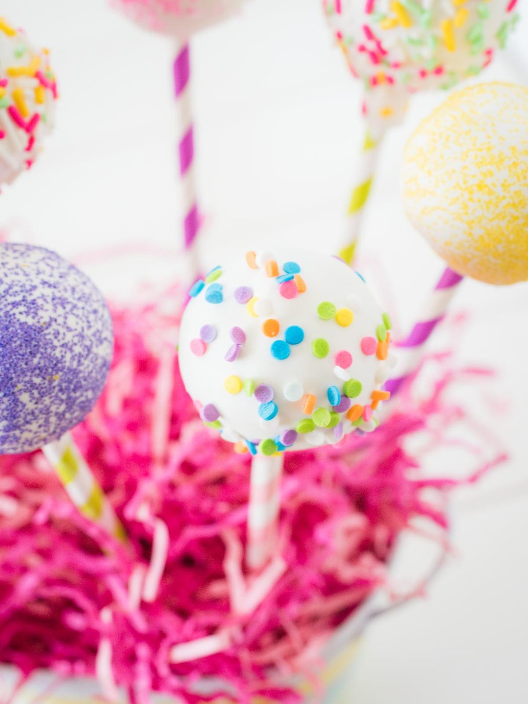 cake pops in decorative pink grass