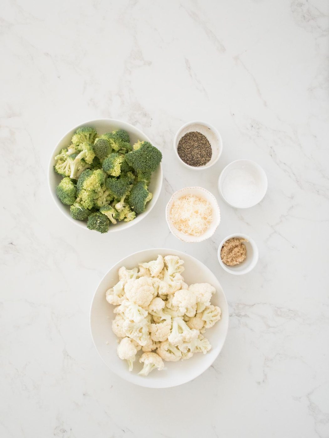 ingredients needed for garlic parmesan roasted broccoli and cauliflower