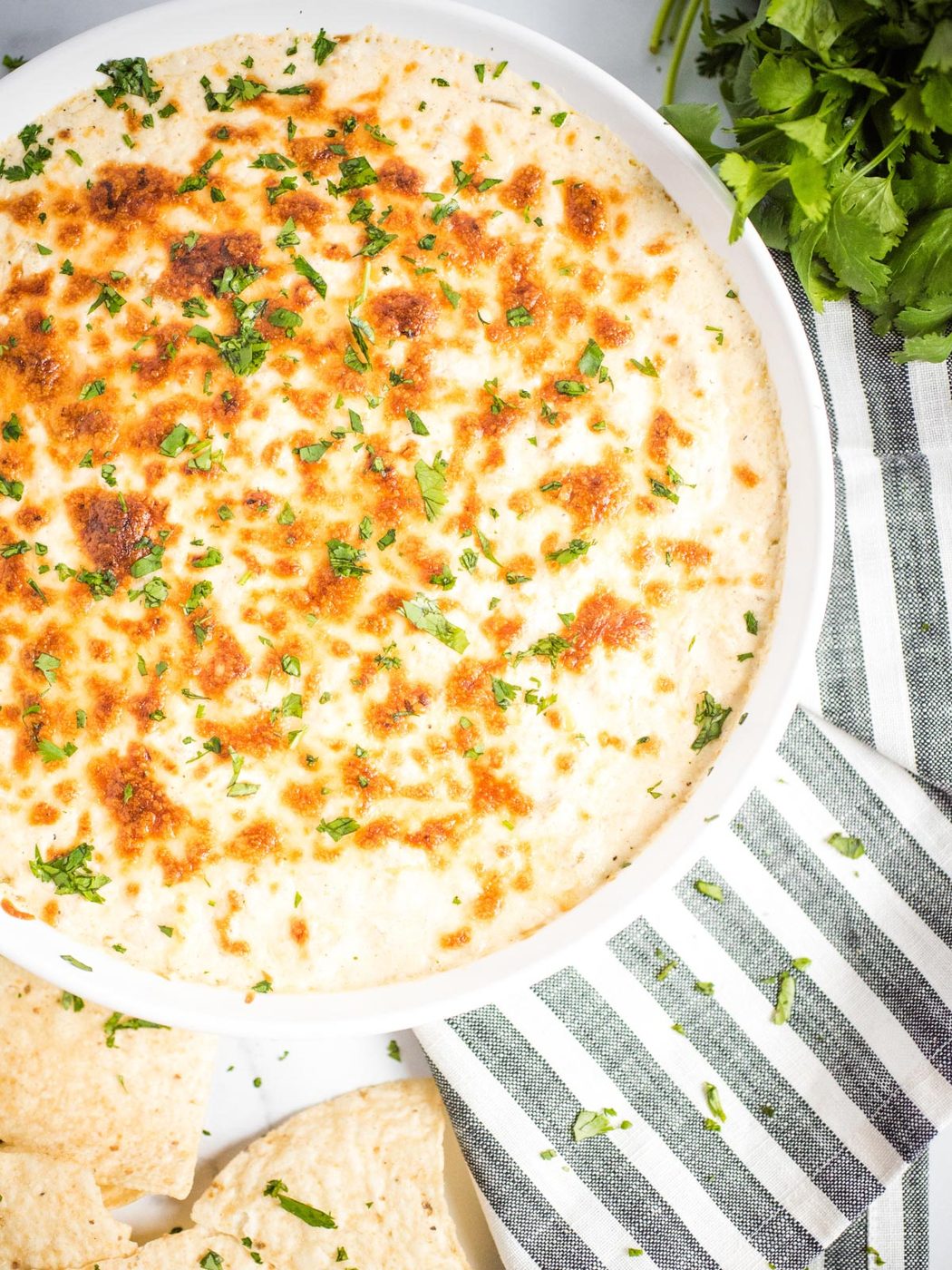 dip in a white baking dish surrounded by chips