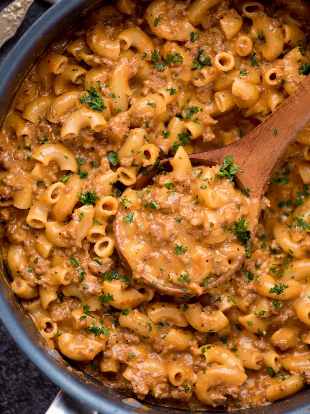 From-scratch hamburger helper in a skillet.