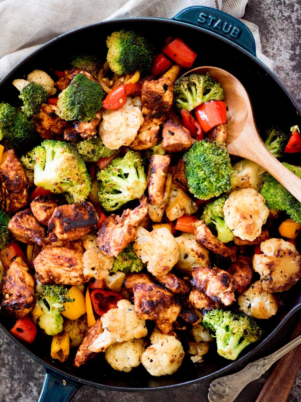 chipotle chicken and mixed vegetables skillet with broccoli, cauliflower, and mini peppers