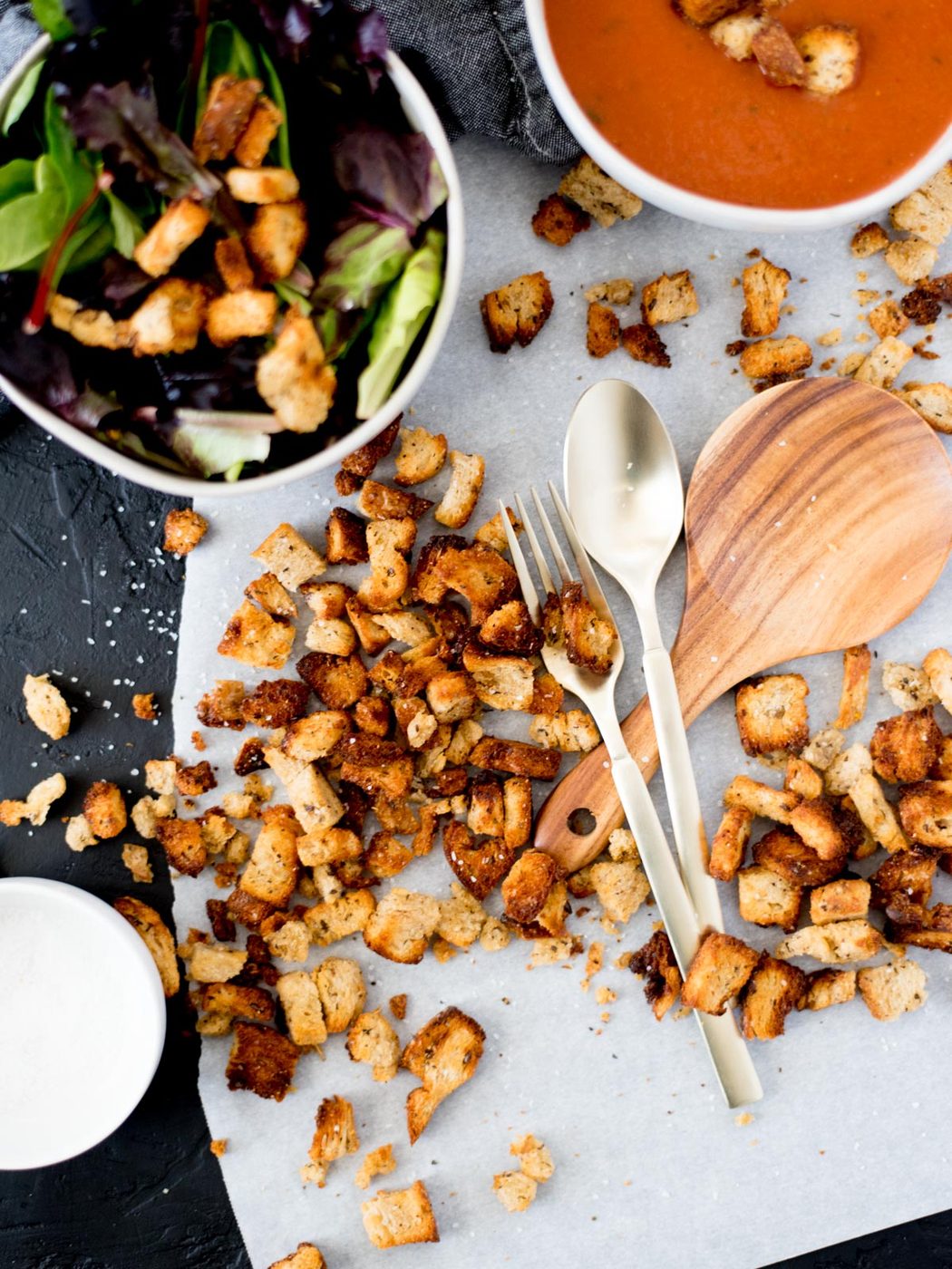 From-scratch Croutons in the Air Fryer on parchment paper
