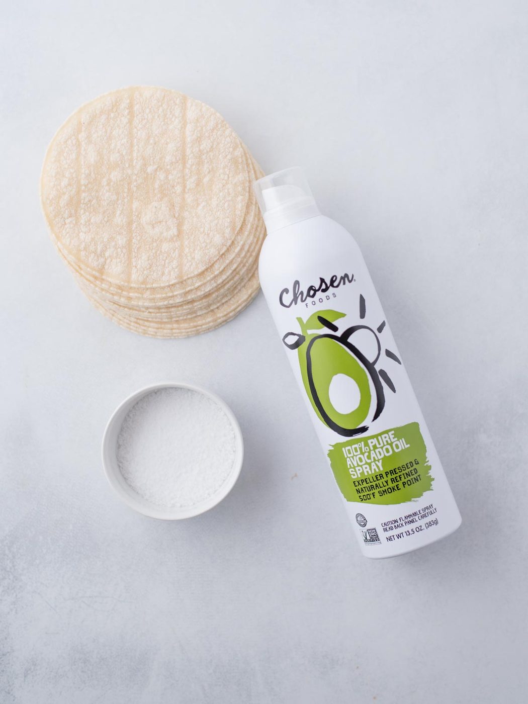 Ingredients displayed for what's needed to make from-scratch tortilla chips.