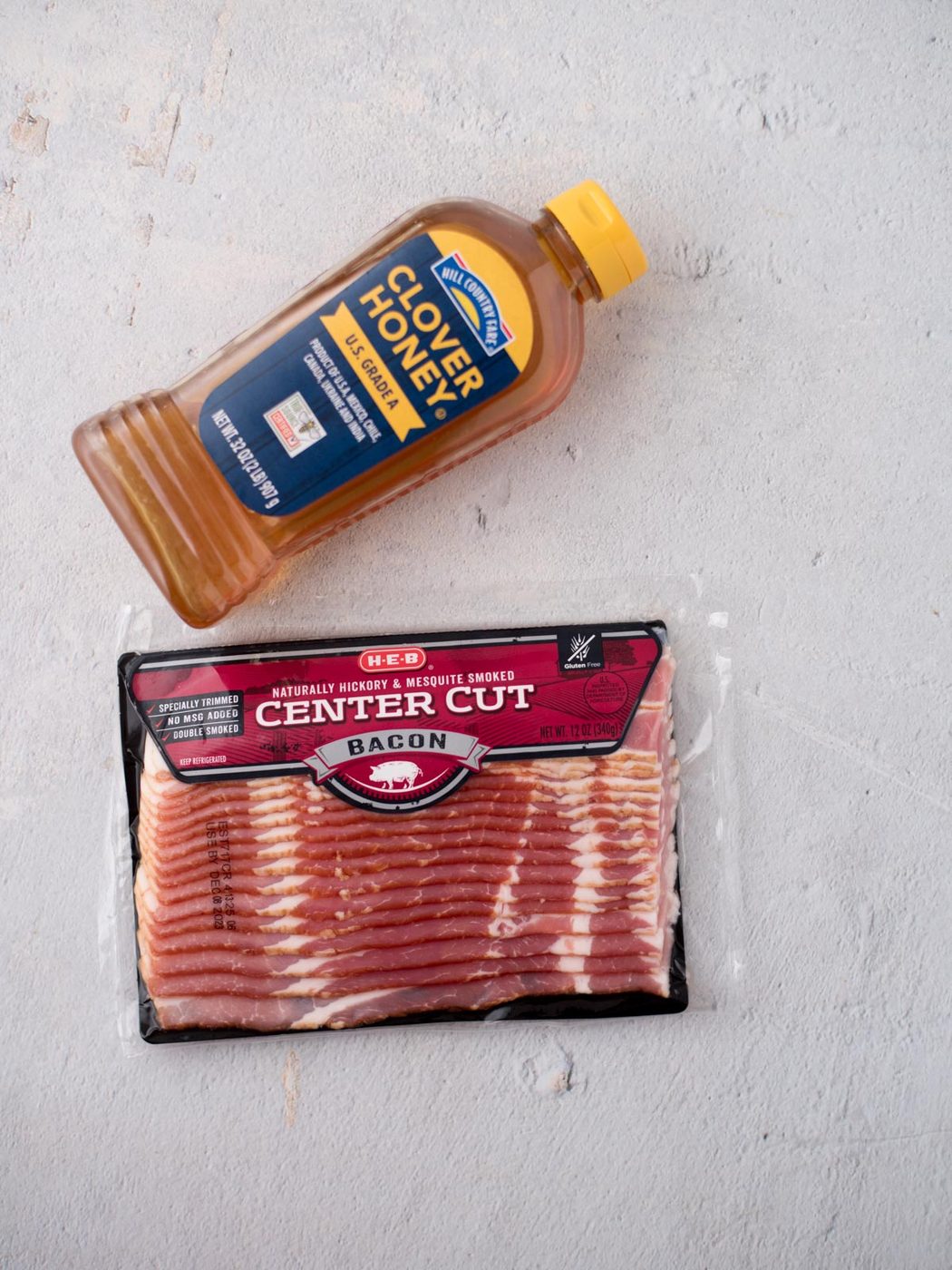 Ingredients shown are used to prepare honey bacon.