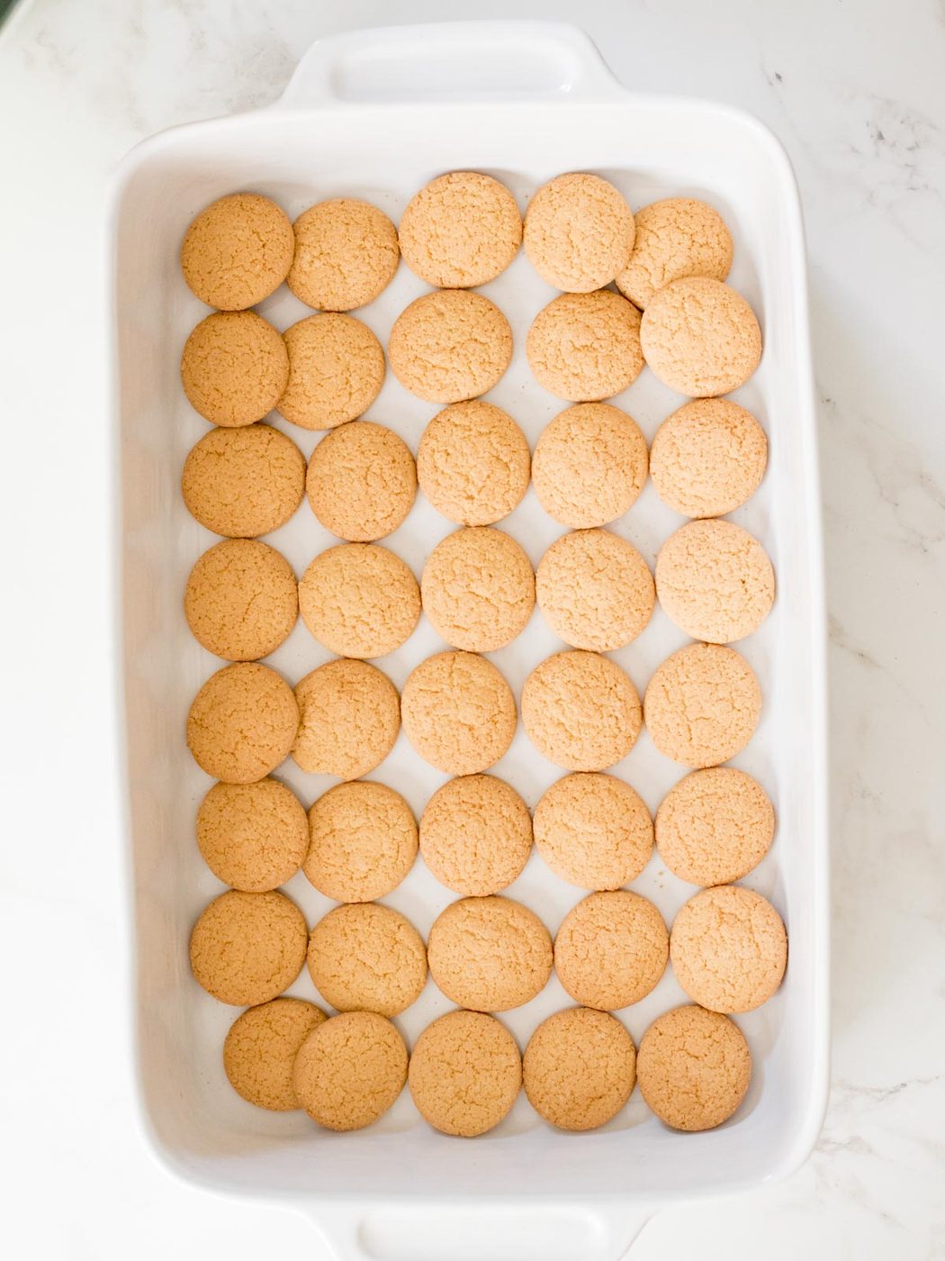 vanilla wafers coating the bottom of a casserole dish