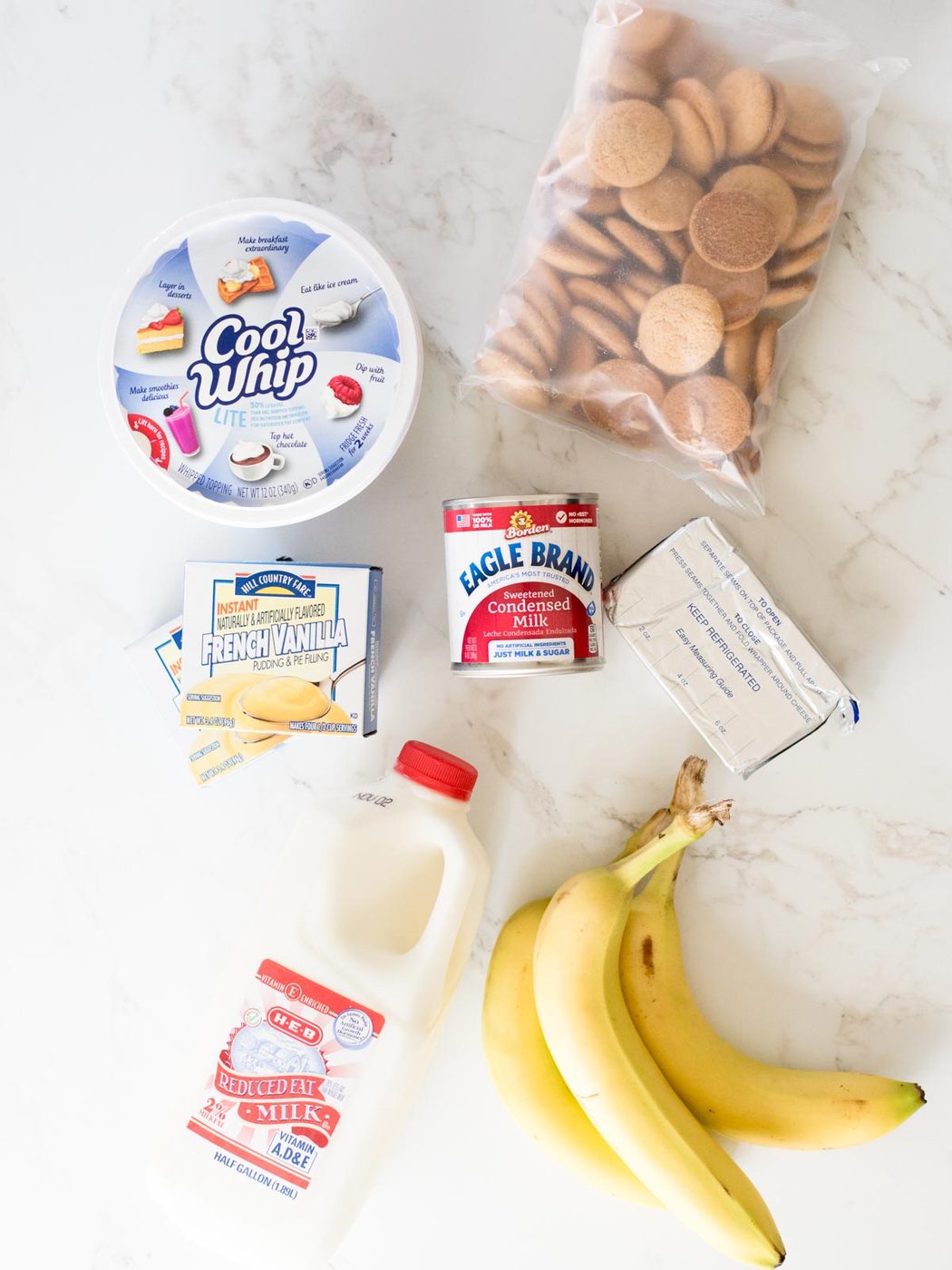 ingredients to make from-scratch banana pudding with vanilla wafers