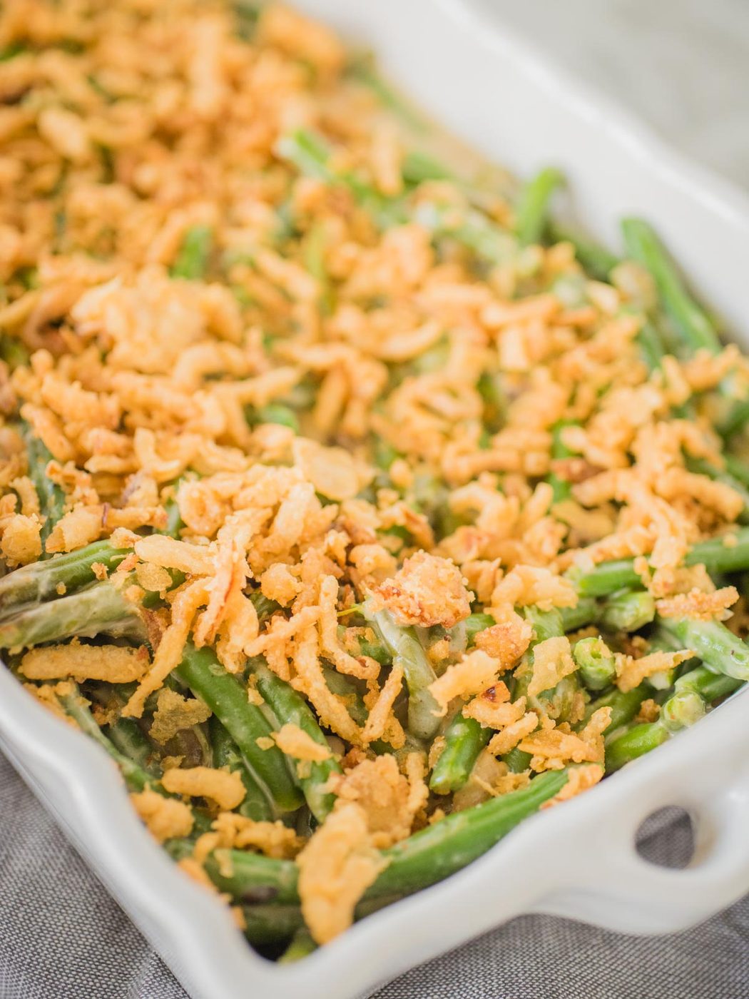green bean casserole in a white serving dish