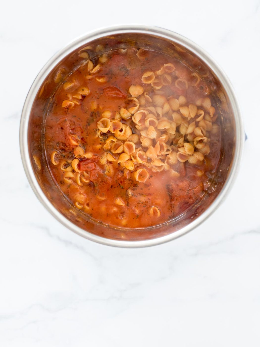 completed Instant Pot Ground Beef and Pasta in the instant pot before stirring