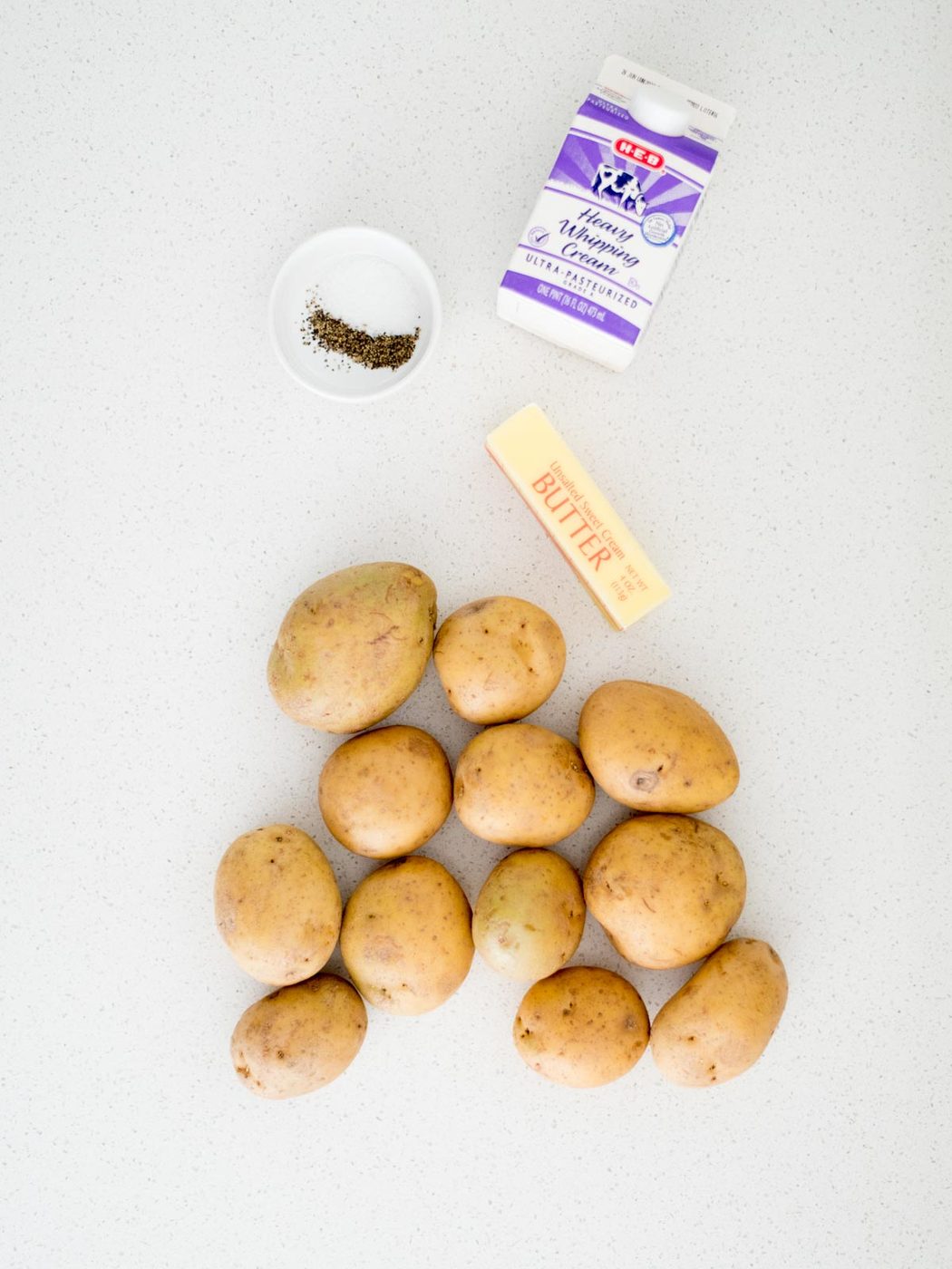 Ingredients shown that are needed to make southern mashed potatoes.