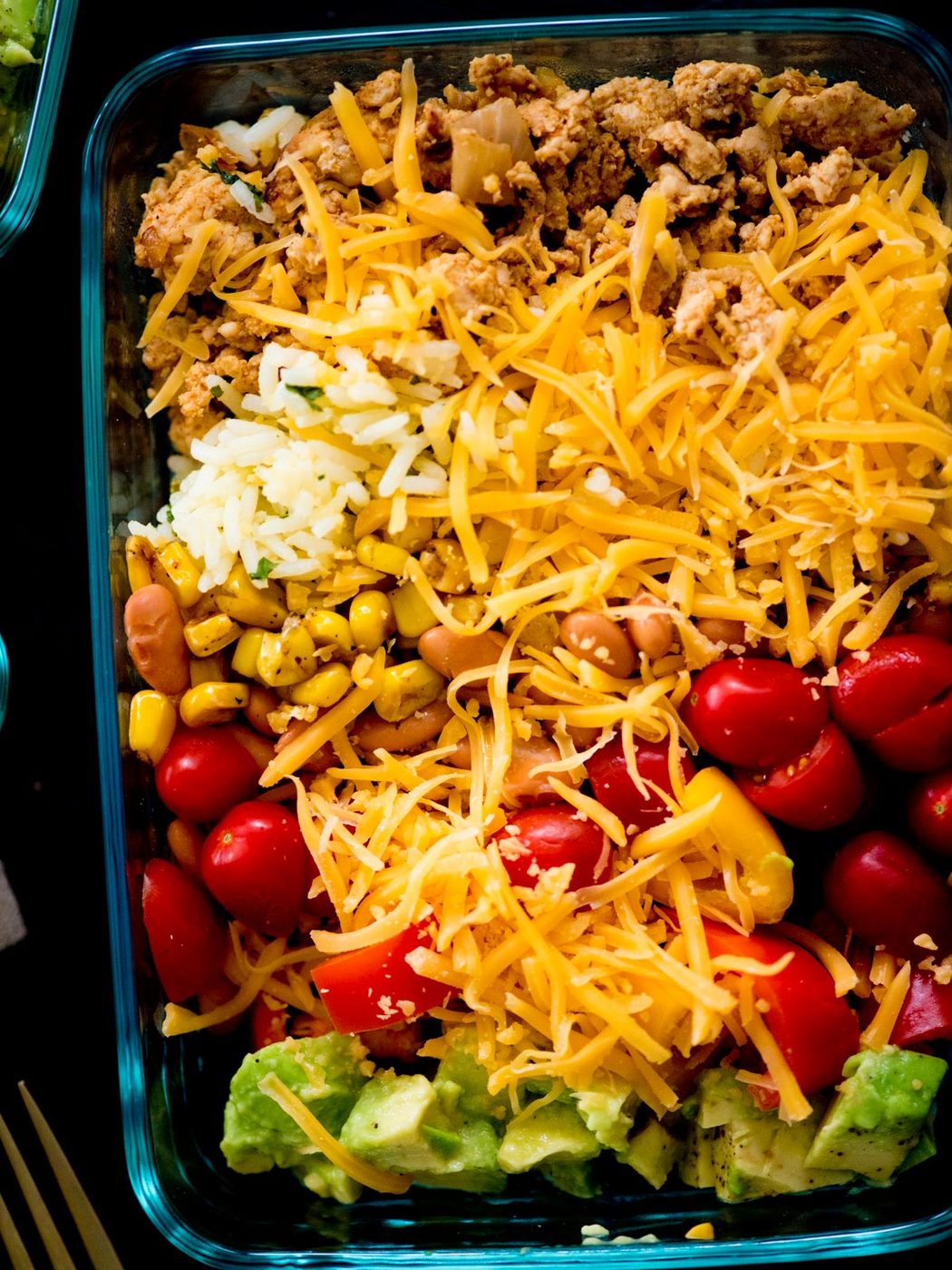 meal prep turkey taco bowls in a glass container