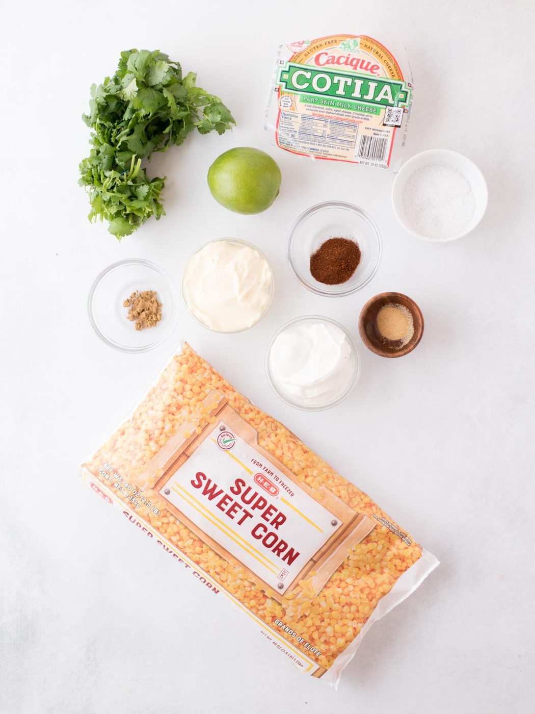 Ingredients needed to make Mexican corn casserole.