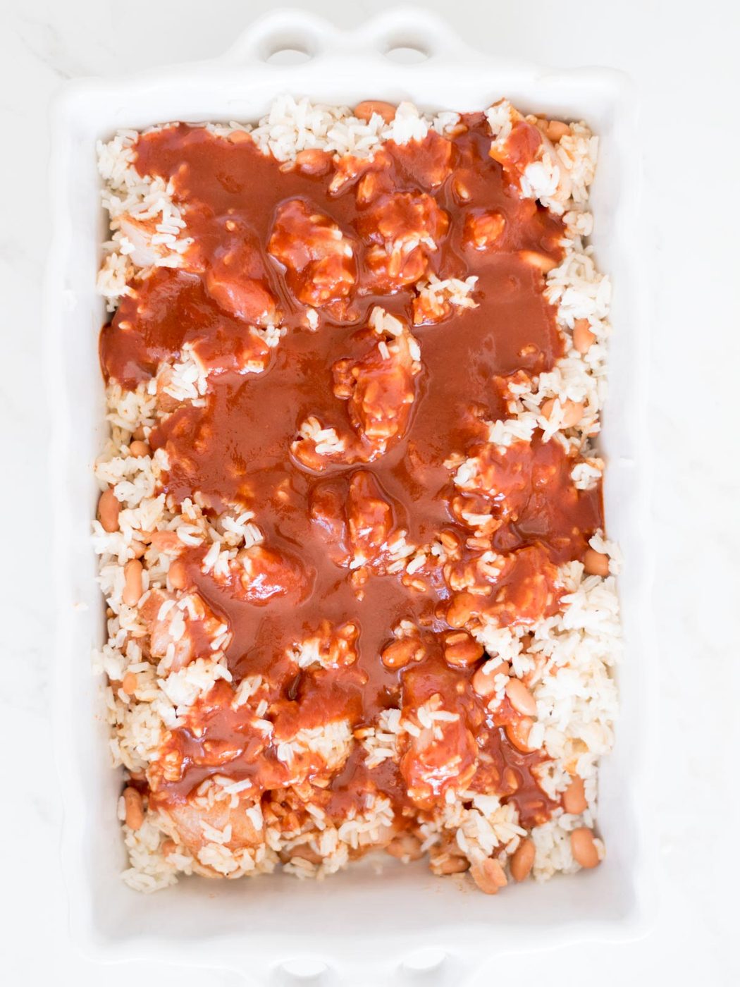 enchilada sauce poured over chicken rice and beans