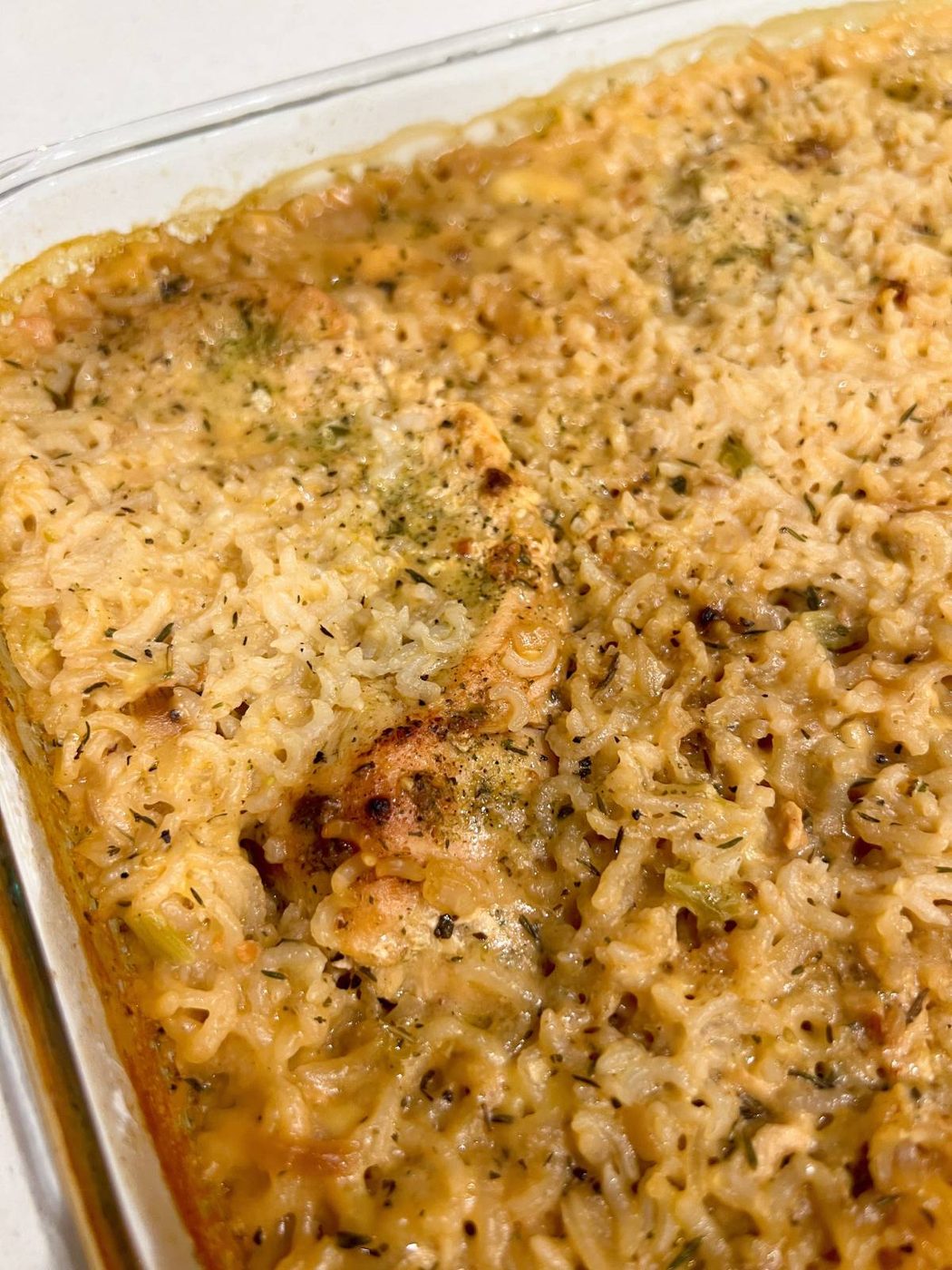no peek chicken casserole in a baking dish