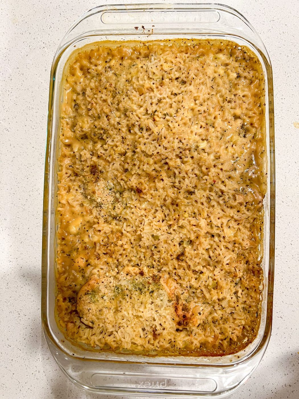 no peek chicken casserole in a pyrex dish