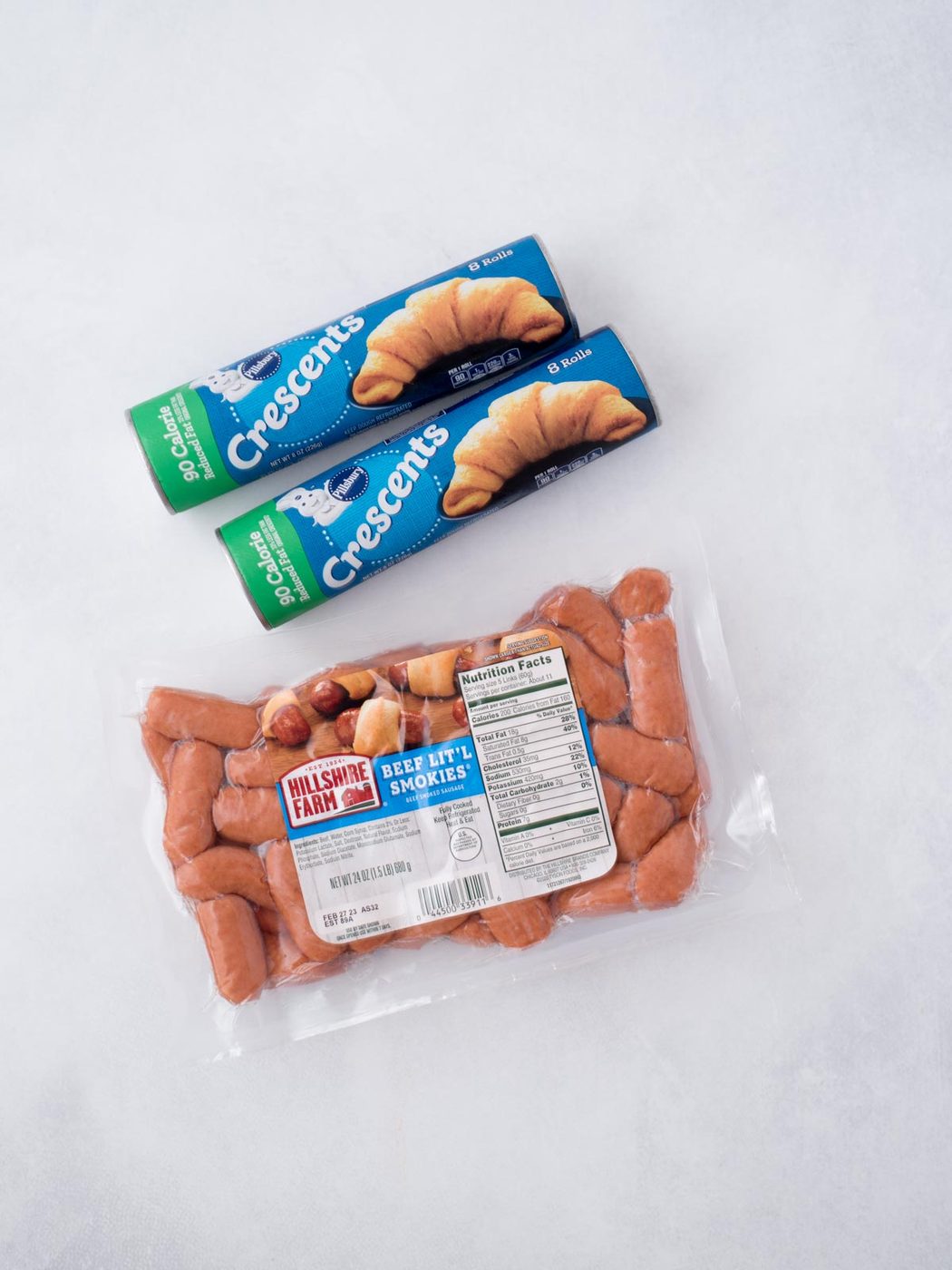 Ingredients shown are used to prepare pigs in a blanket.