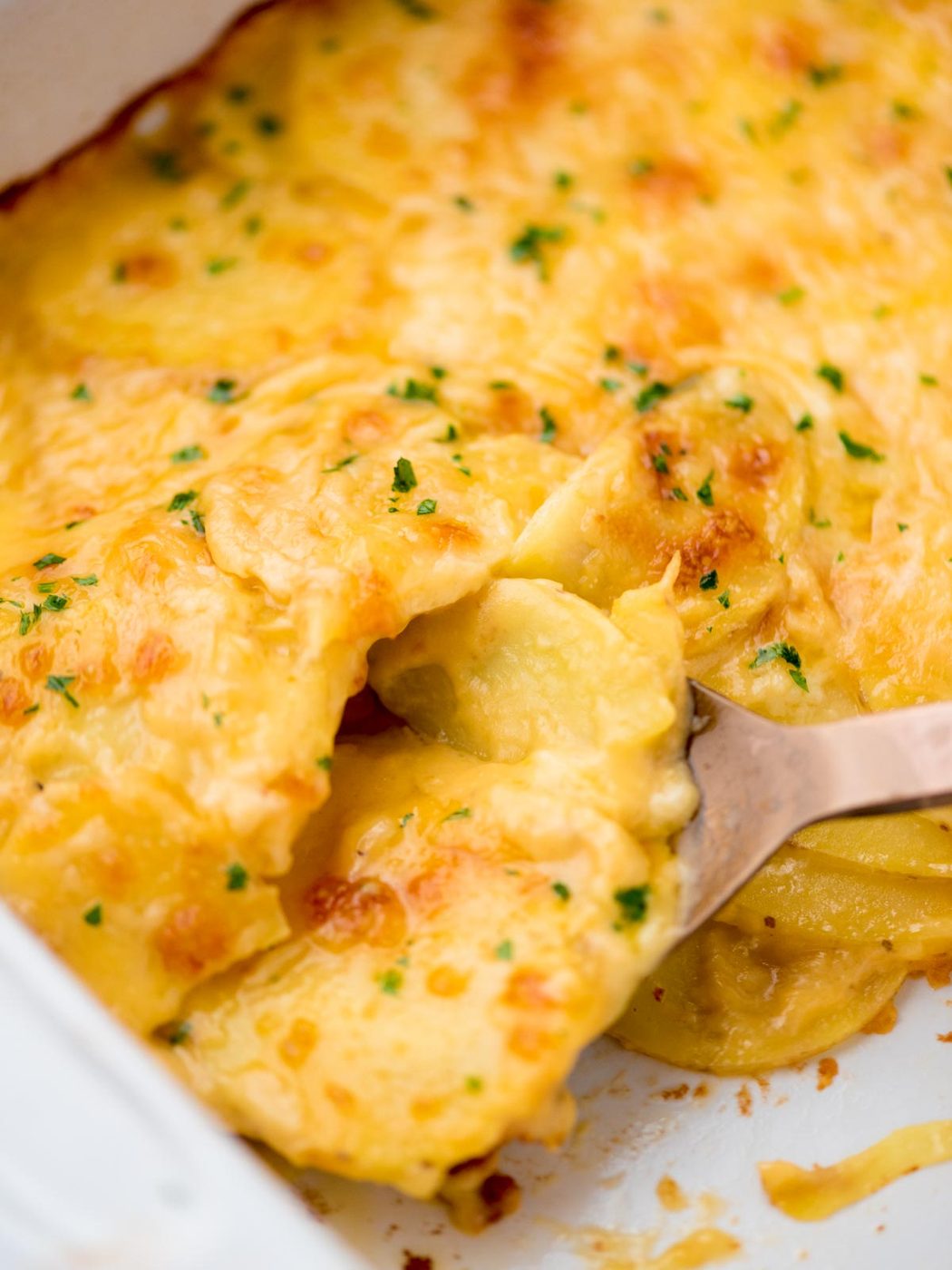 Serving spoon with a scoop of au gratin potatoes coming out of the baking dish ready to serve.
