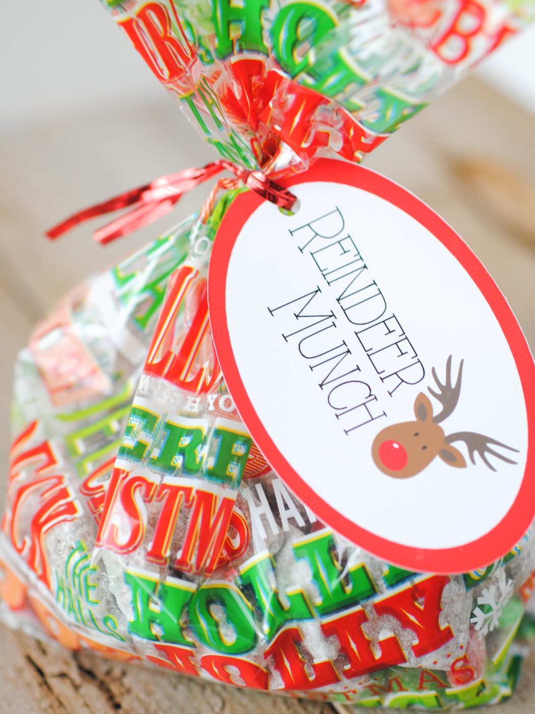 reindeer munch in a christmas bag with a tag labeling it