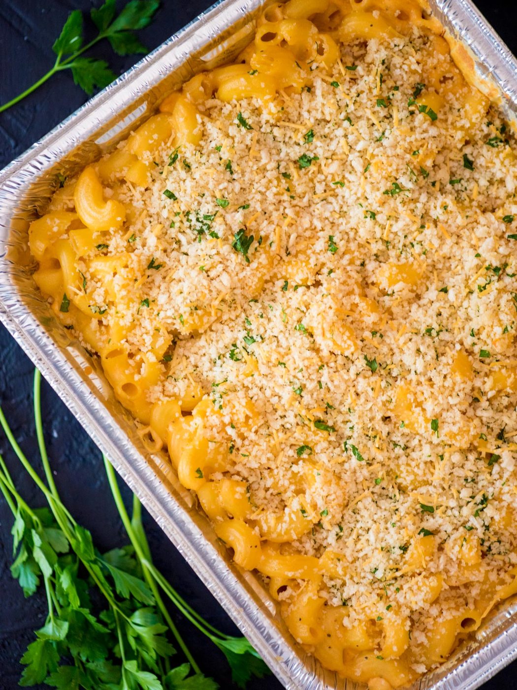 smoked mac and cheese in a disposable cake pan
