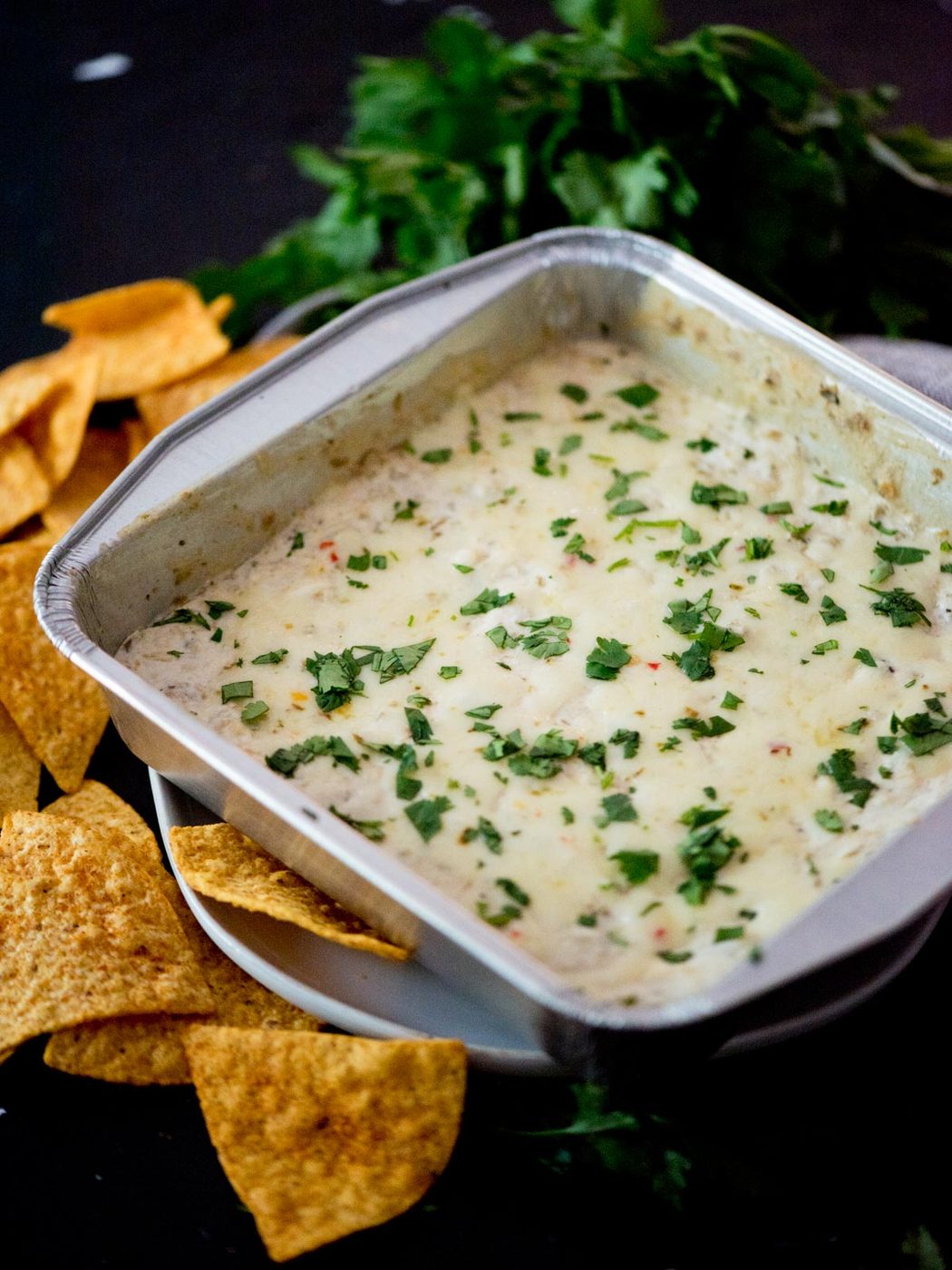 Corn tortilla chips around a baking dish of queso blanco dip.