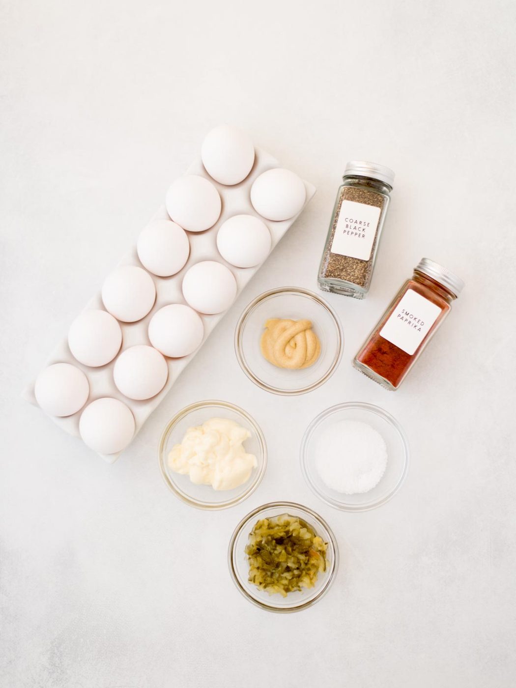 Ingredients shown are used to prepare Southern deviled eggs.