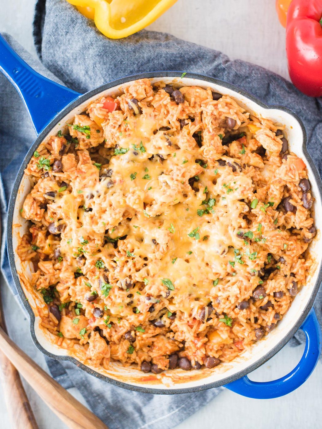 Enamel cast iron skillet with the recipe inside.