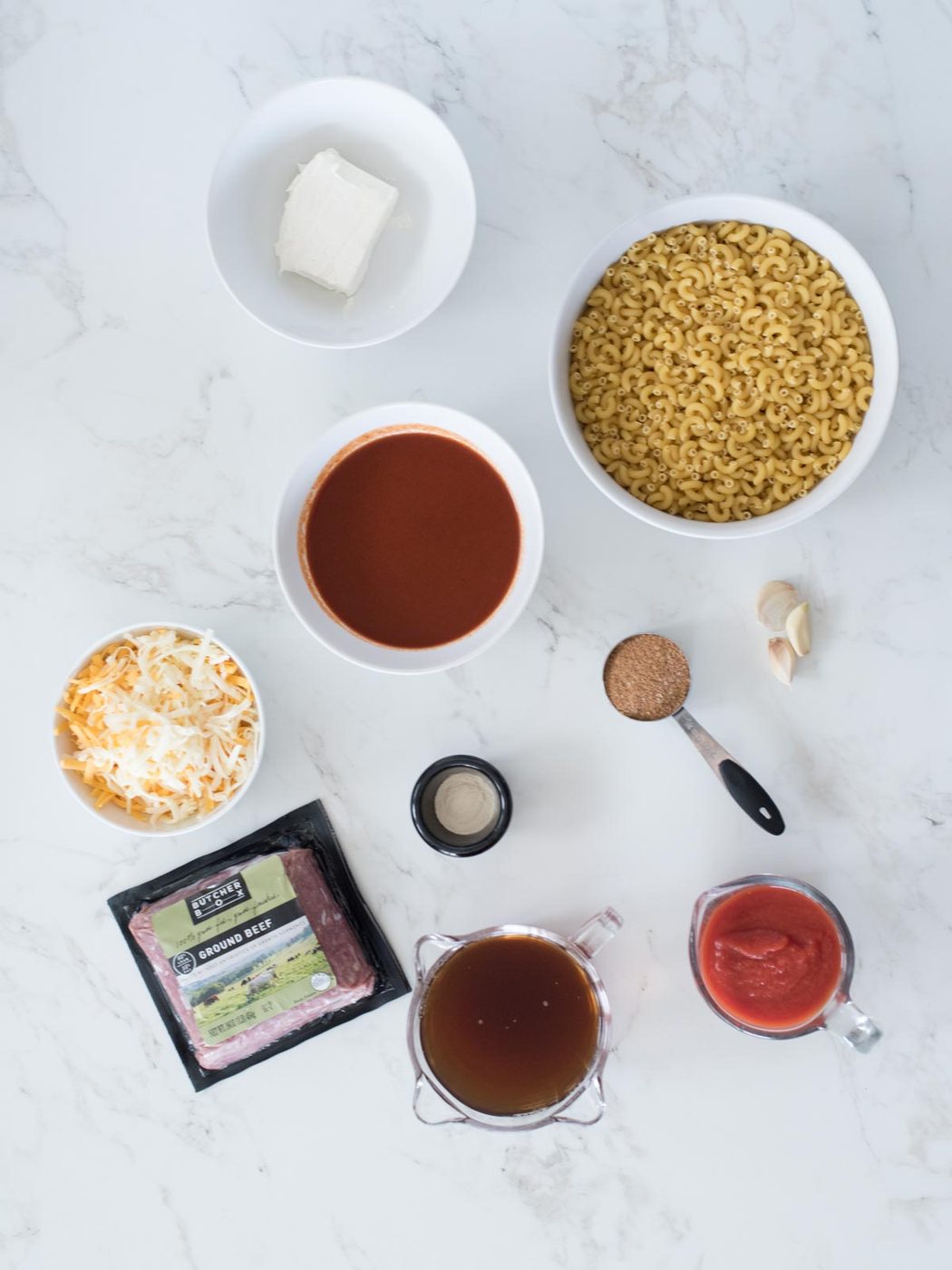 ingredients for one pot cheesy taco pasta
