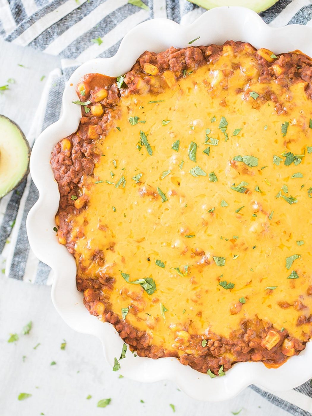 taco pie in a white pie dish