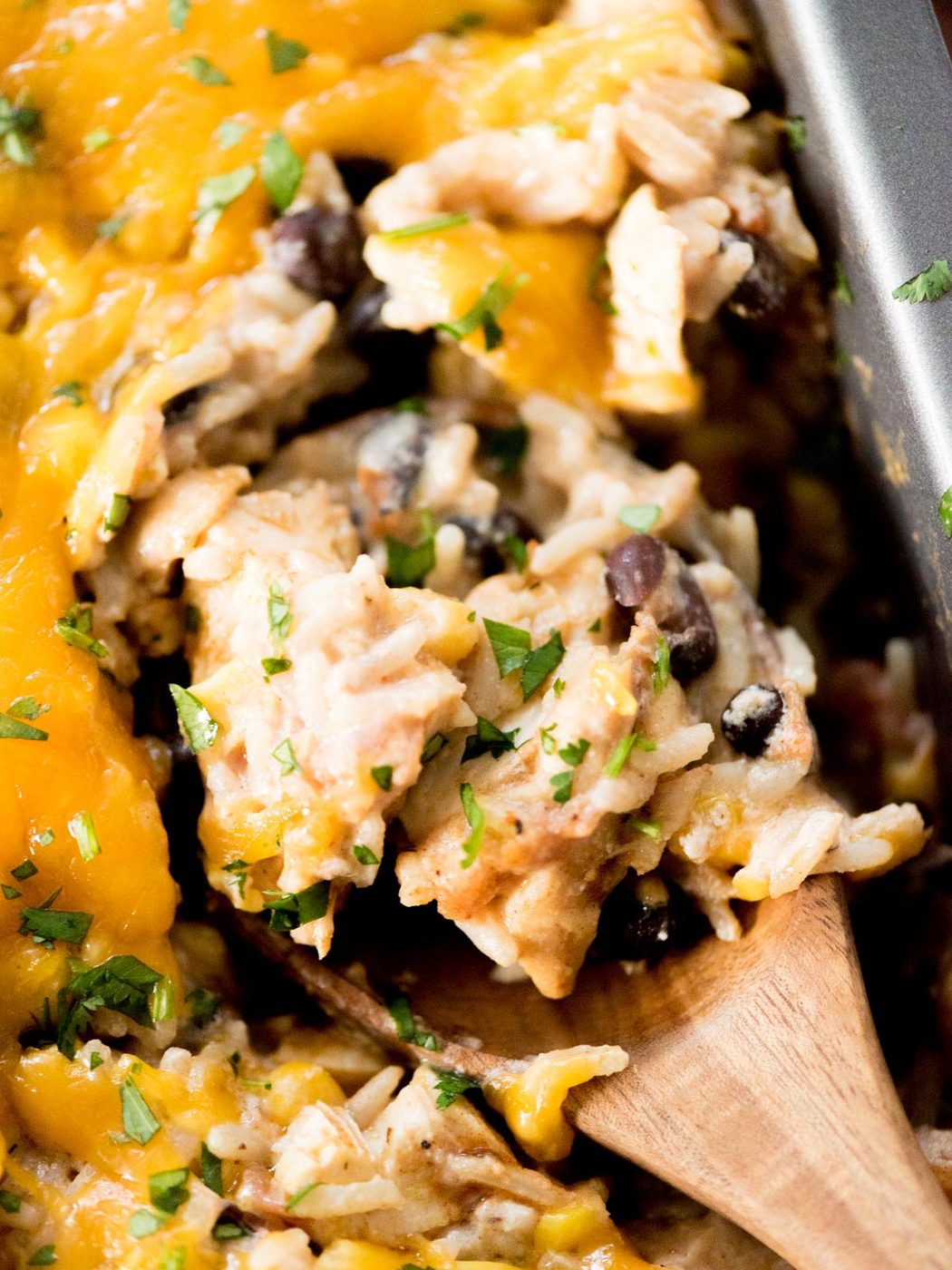 Up close view of a scoop of Tex-Mex chicken and rice.